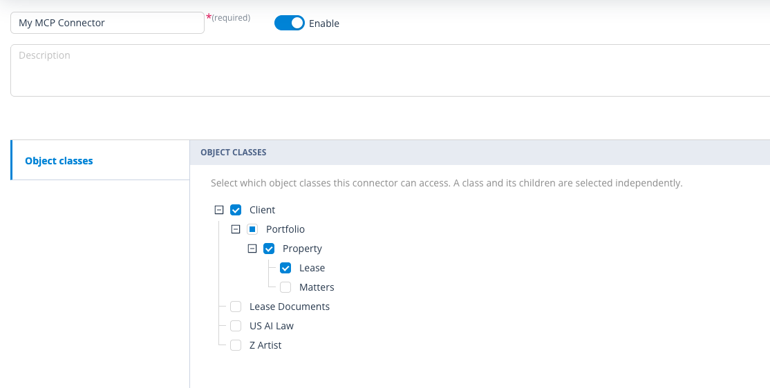 Create MCP connector form showing the name, description, Enabled toggle and Object classes selection