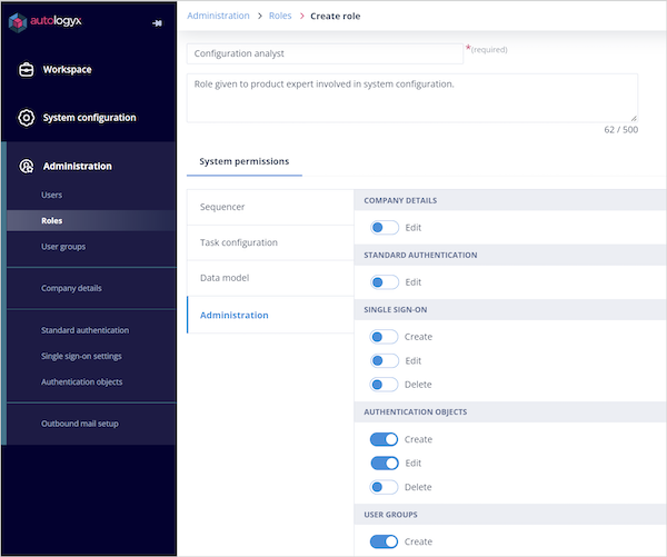 Administration menu showing limited access options for a Standard user
