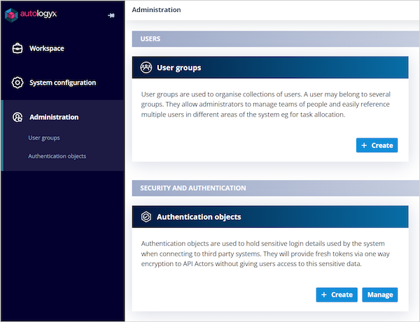 Administration landing page showing available administration tiles