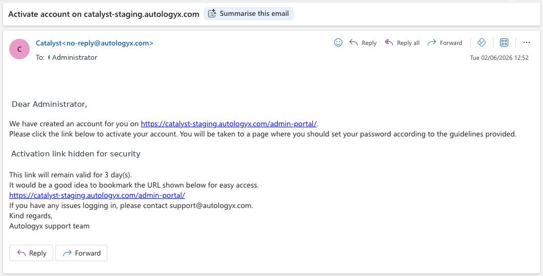 Example Admin Portal account activation email, with the activation link hidden