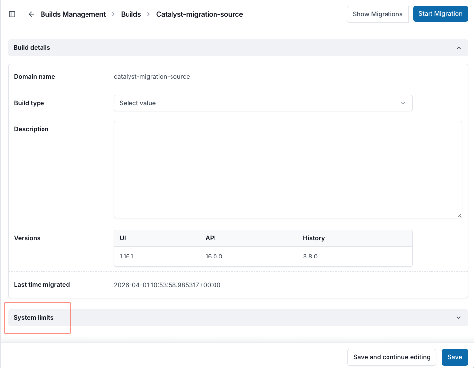 Build details page with the expandable System limits section