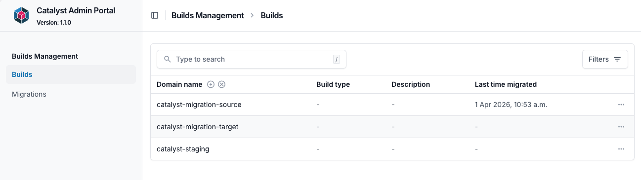 Builds list showing domain names, build types and last migration dates