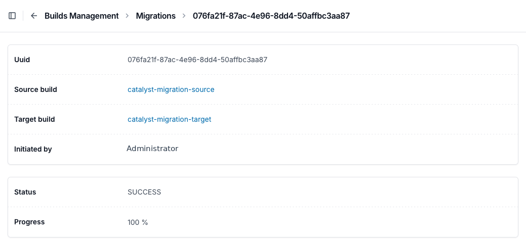 Migration details screen showing source, target, status and progress