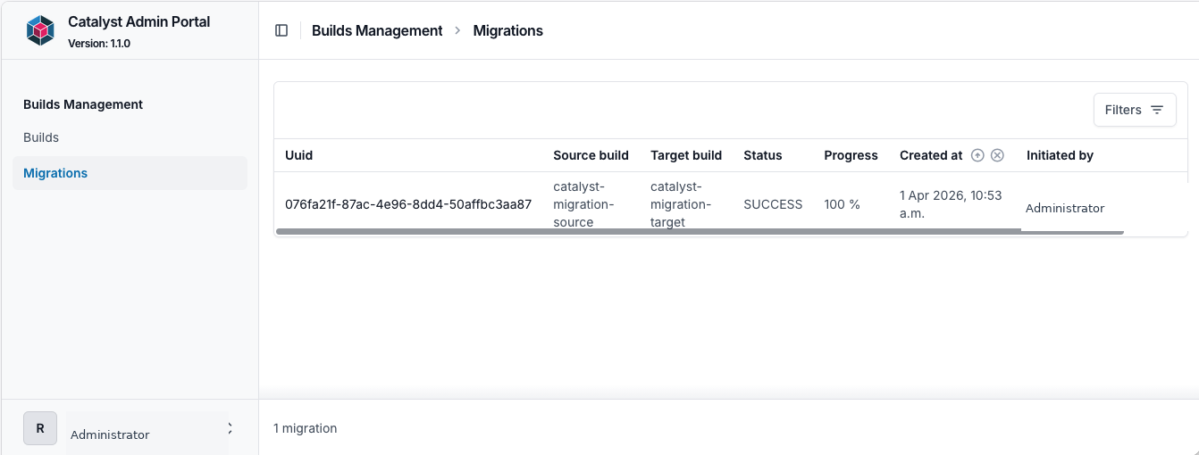 Migrations list showing source, target, status and progress