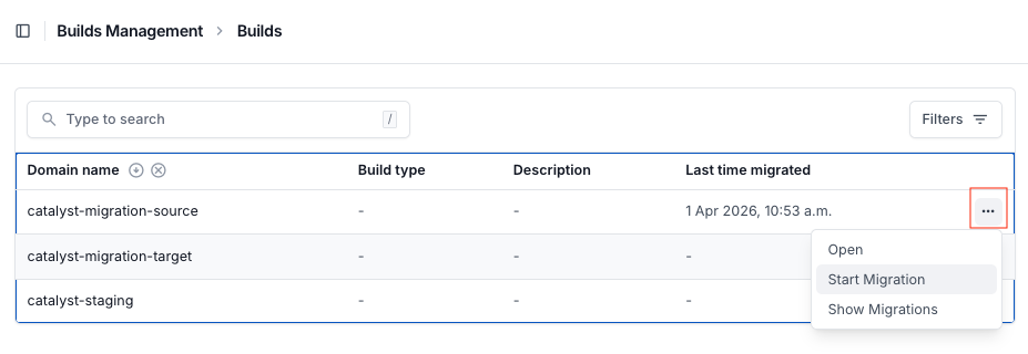 Actions menu of the Source build showing Start Migration