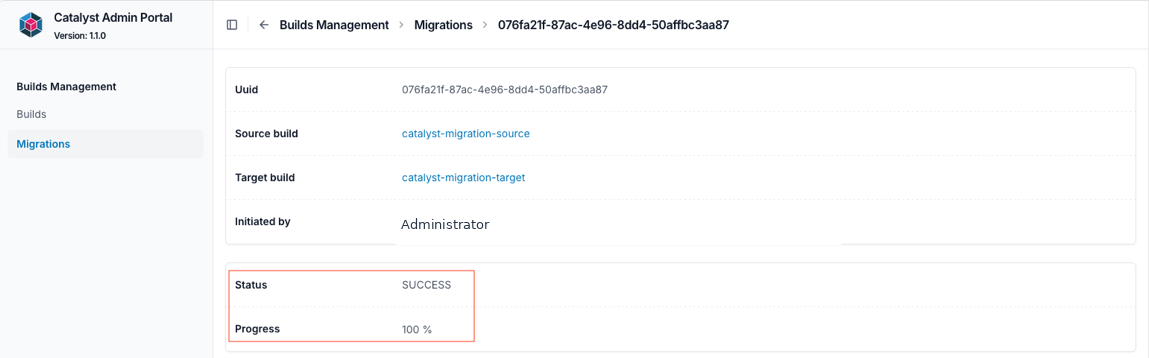 Successful migration details showing SUCCESS and 100 percent progress