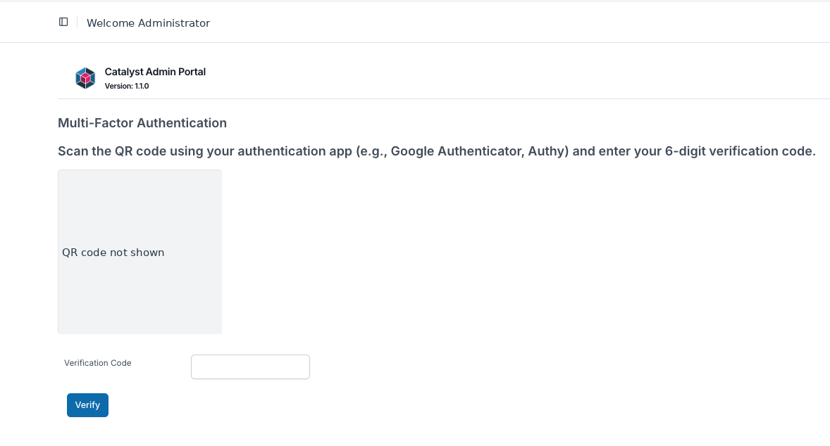 Admin Portal two-factor authentication setup screen with QR code obscured