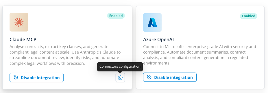 Integrations page showing AI/MCP integration tiles labelled MCP