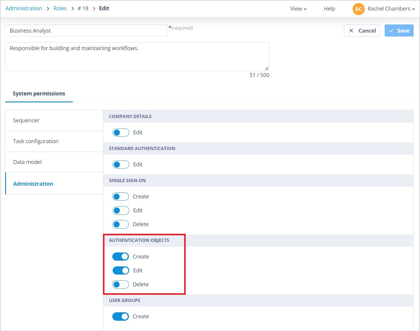 Role permissions required for Authentication Objects