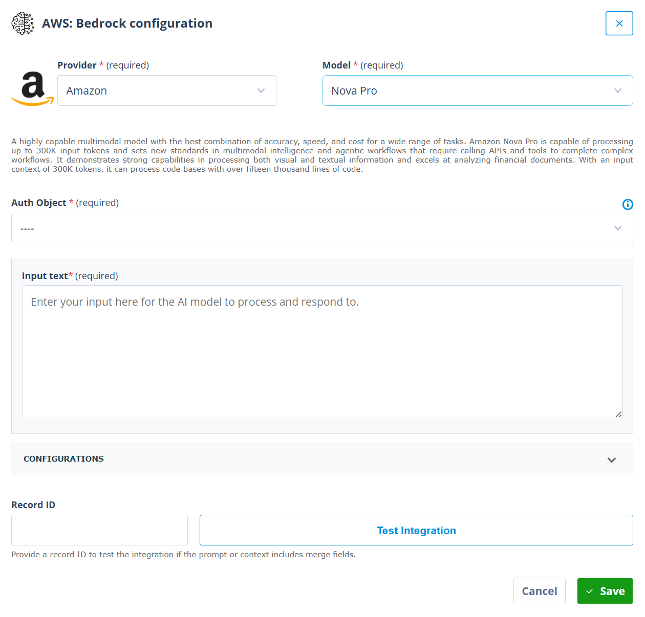 AWS Bedrock configuration modal showing Amazon as the provider, Nova Pro as the model, authentication object, input text, configurations, record ID, test integration, and save settings