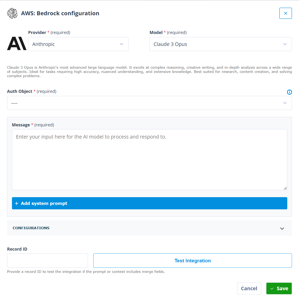 AWS Bedrock configuration modal showing Anthropic as the provider, Claude 3.7 Sonnet as the model, authentication object, message, system prompt, configurations, record ID, test integration, and save settings