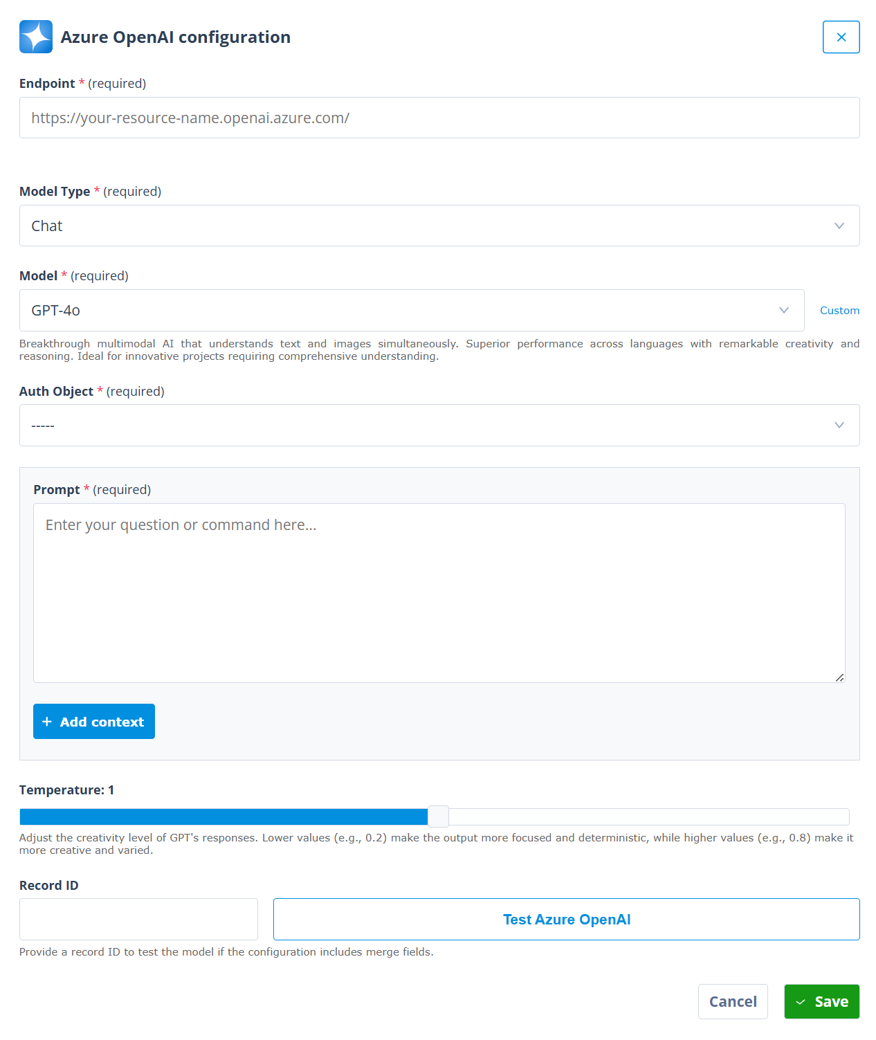 Azure OpenAI configuration modal showing endpoint, model type, model, authentication object, prompt, context, temperature, record ID, test Azure OpenAI, and save settings