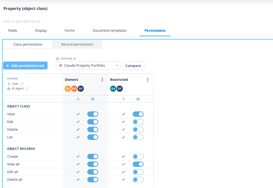 Object Class Permission Set in edit mode showing API values and MCP connector toggles