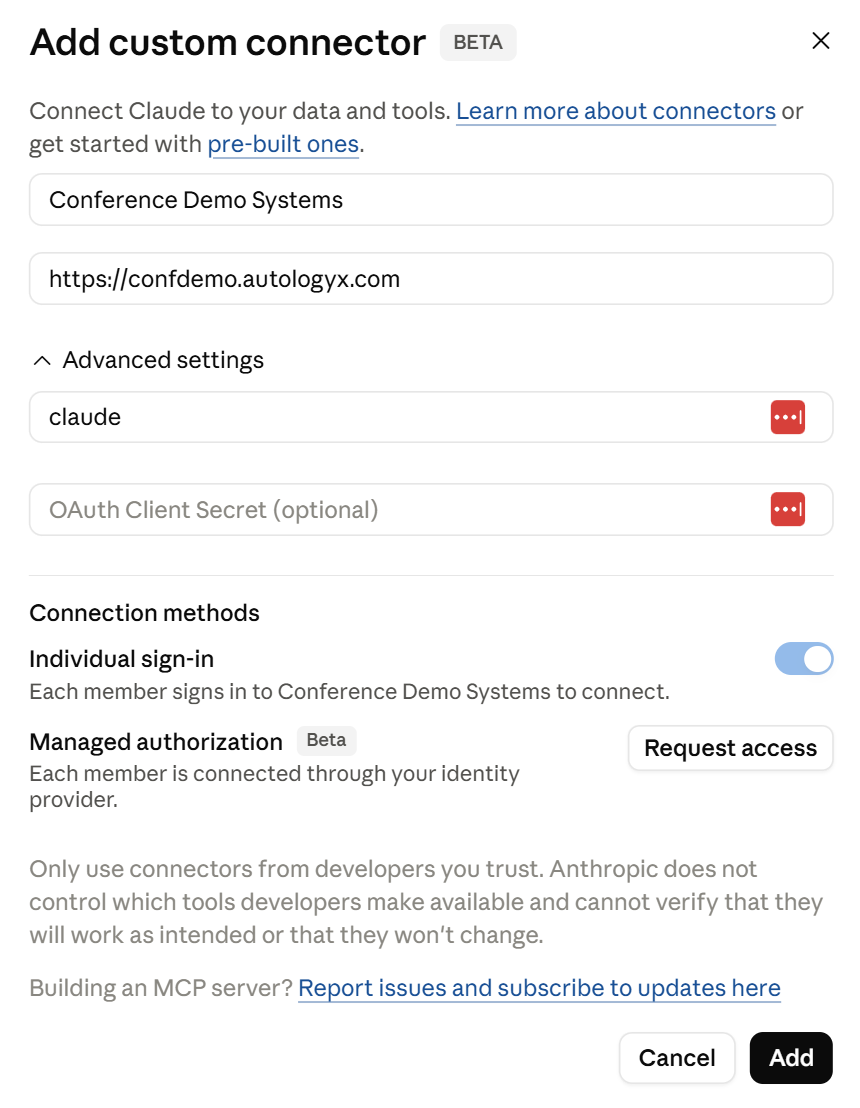 Claude CoWorker Add custom connector modal showing the connector name, Autologyx endpoint URL, client ID, connection method, and Add button