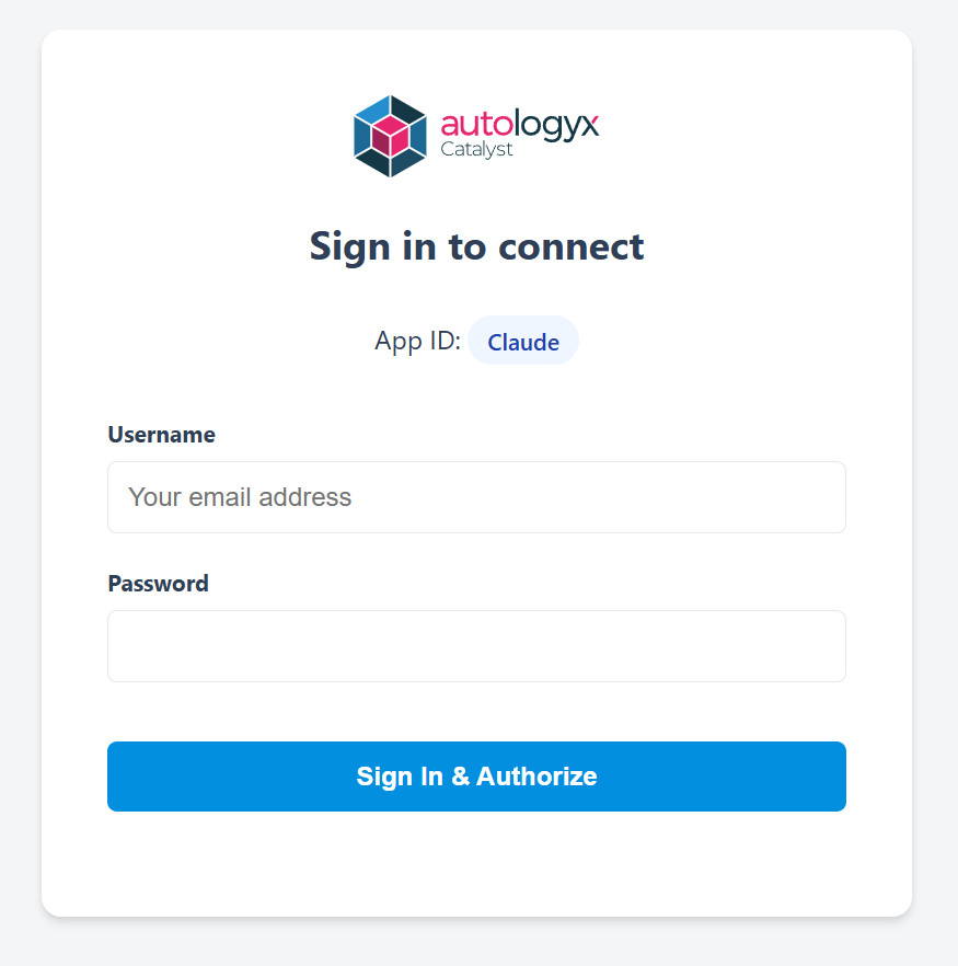 Autologyx Catalyst sign-in page used to authorise the Claude CoWorker MCP connection