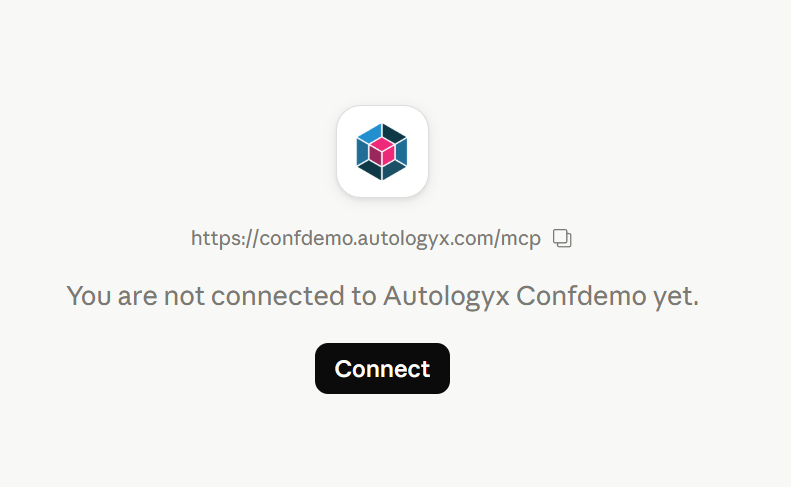 Claude CoWorker connector page showing the Autologyx MCP endpoint and Connect button