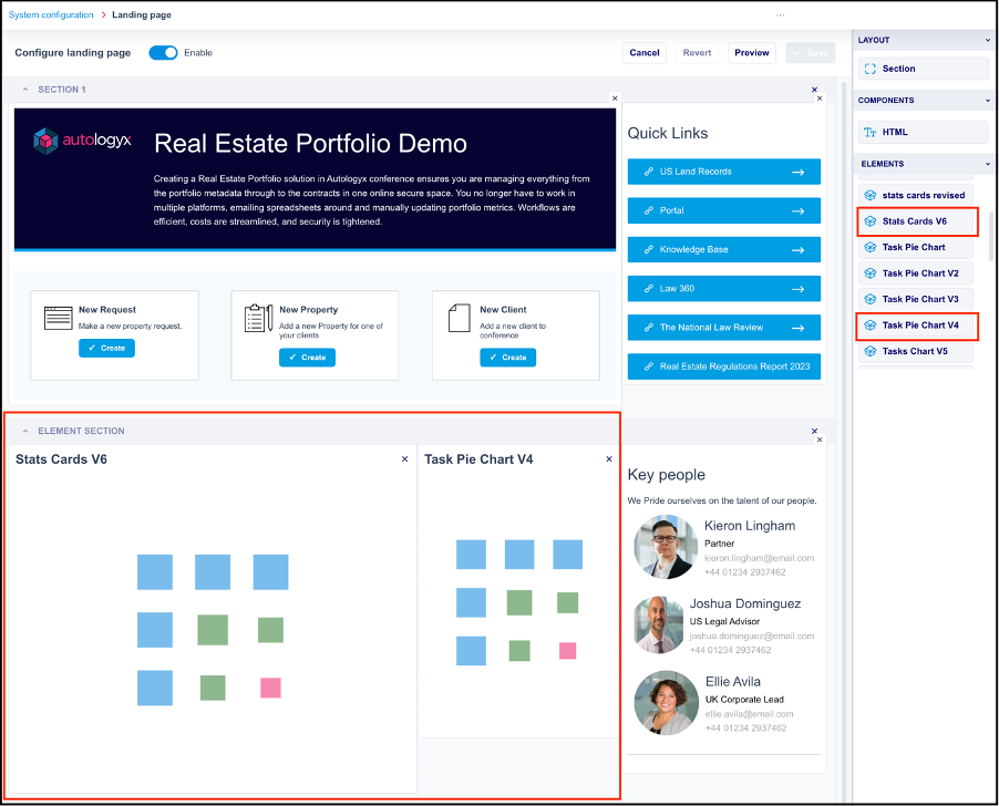 Elements available in the side panel and added to the Landing page
