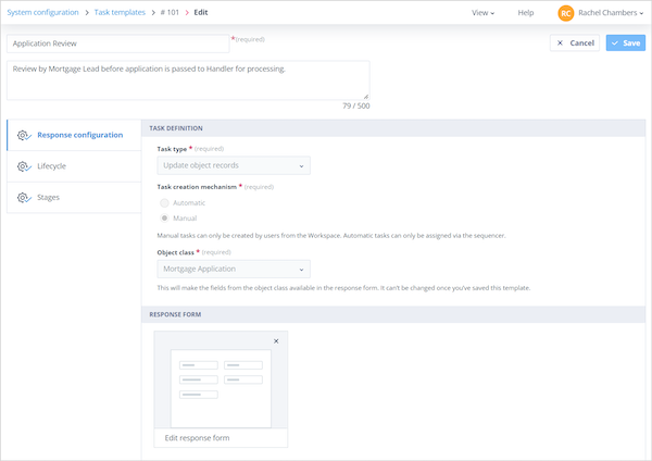 Task Template configured for manual task creation