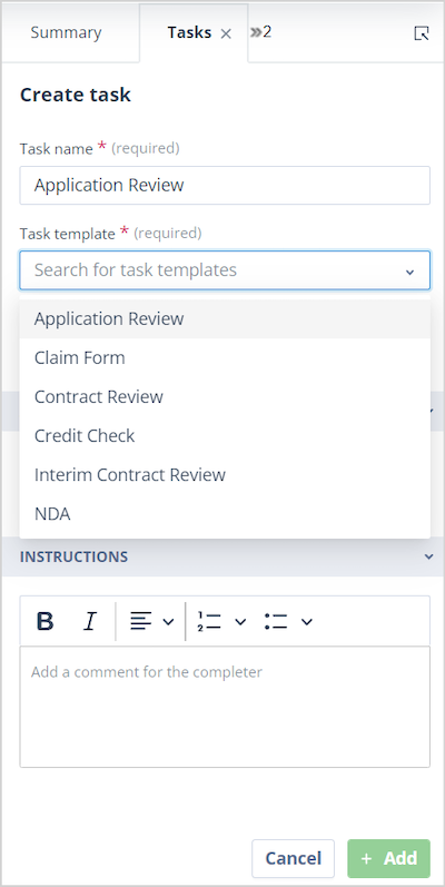 Create task screen showing Task details, Assignment of stages, and Instructions