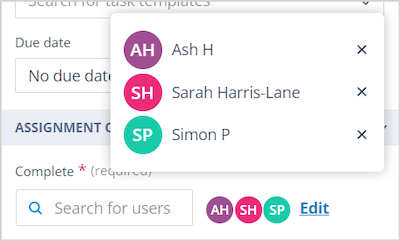 Edit assignees modal showing selected users