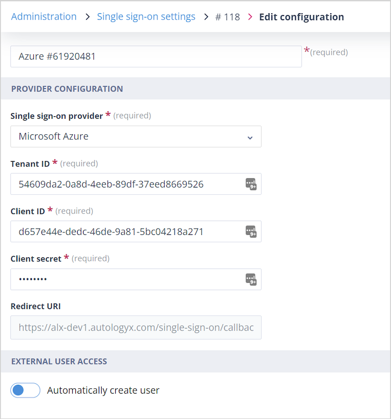 Single sign-on configuration edit page