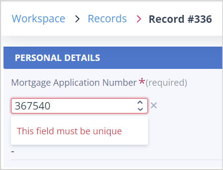 Validation warning displayed when a duplicate value is entered into a unique field