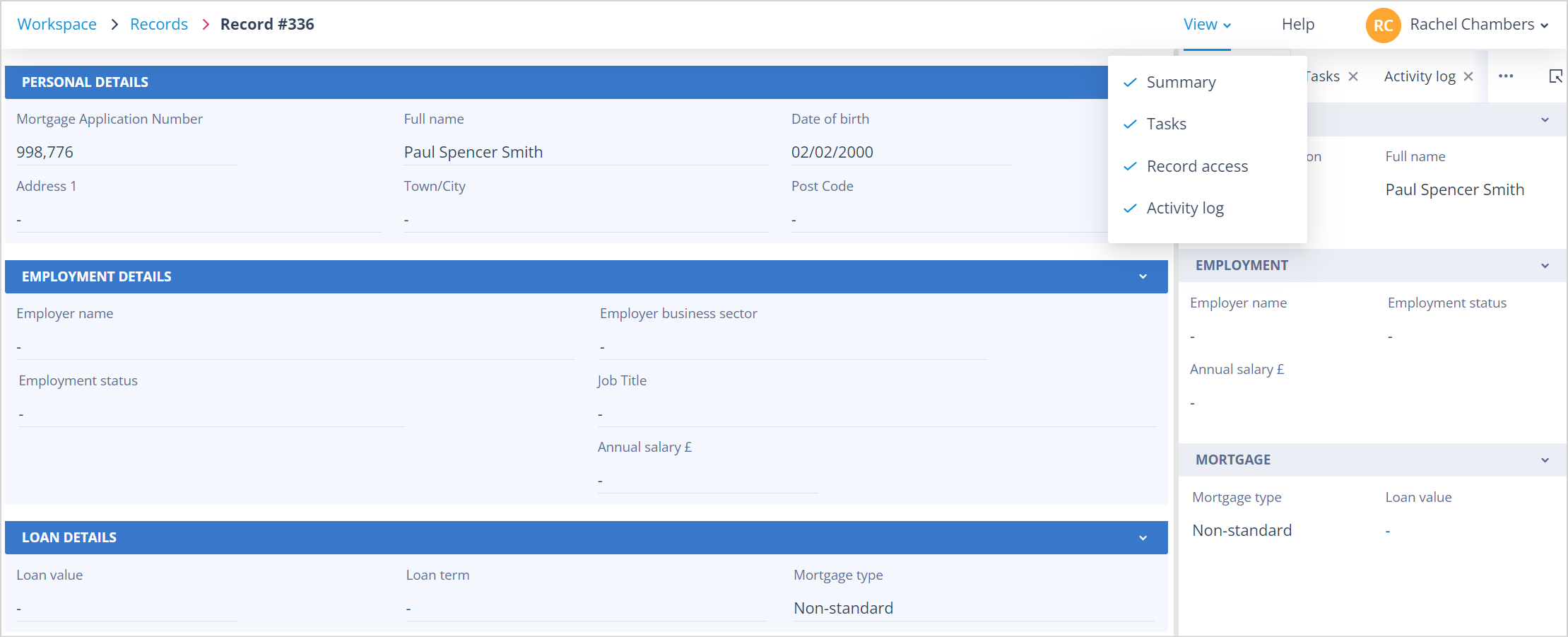Object class View settings showing available side panel tabs