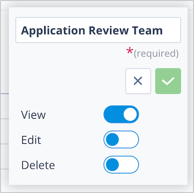 Permission editor showing View, Edit and Delete permissions for a User Group permission set