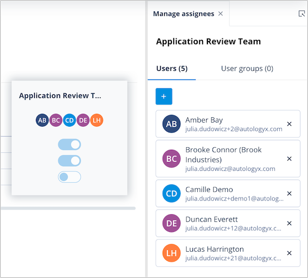 Manage assignees panel showing users and User Groups assigned to a permission set