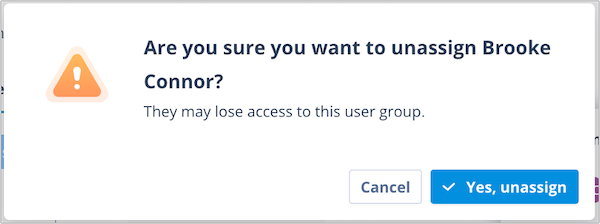 Confirmation modal asking whether to unassign a user or User Group from a permission set