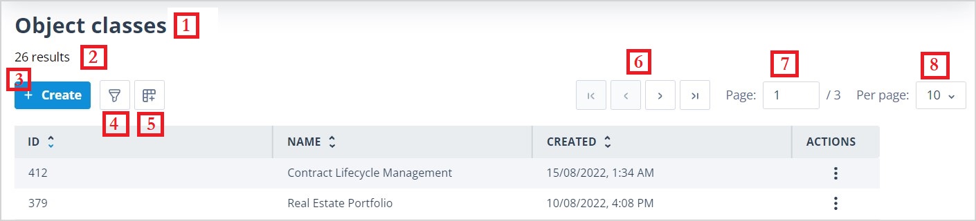List page showing common controls and navigation features
