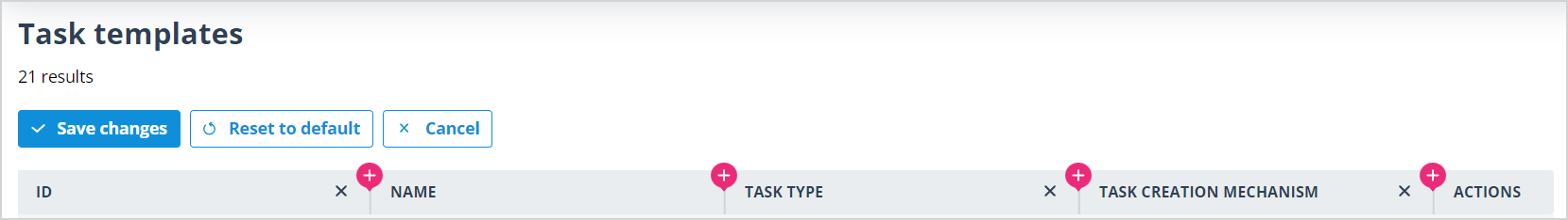 Column configuration mode showing Save changes, Reset to default, and Cancel controls