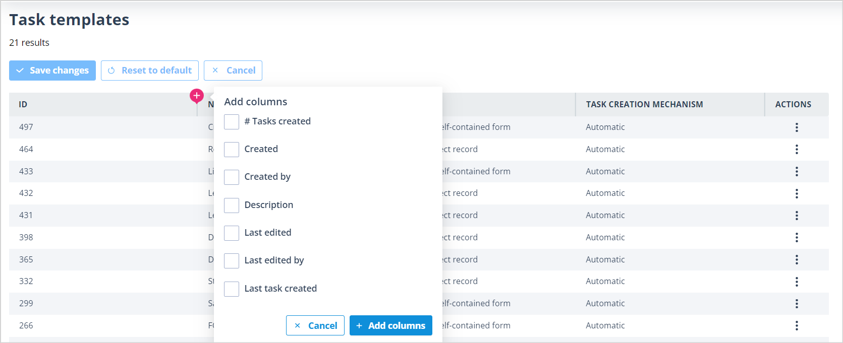 Column selection list showing available columns that can be added