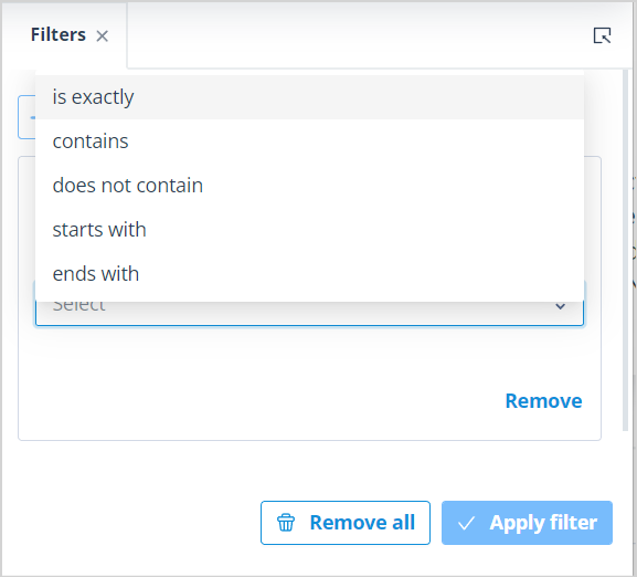 Filter editor showing operators available for the Name field
