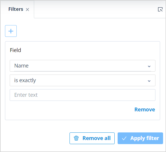 Filter editor showing an is exactly condition