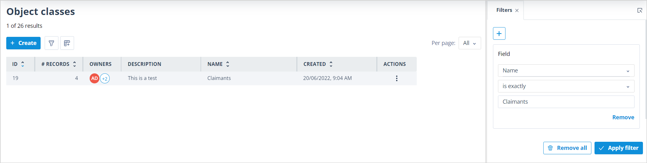 Filtered Object classes list showing the Claimants result
