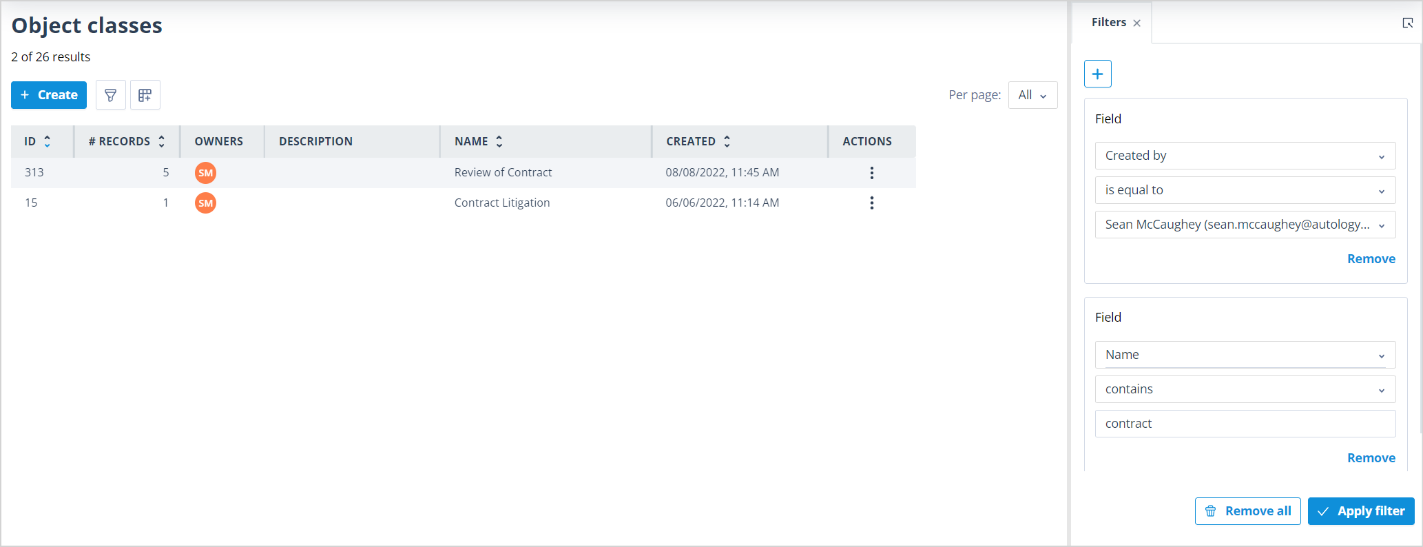Filter editor showing an is equal to condition for Created by