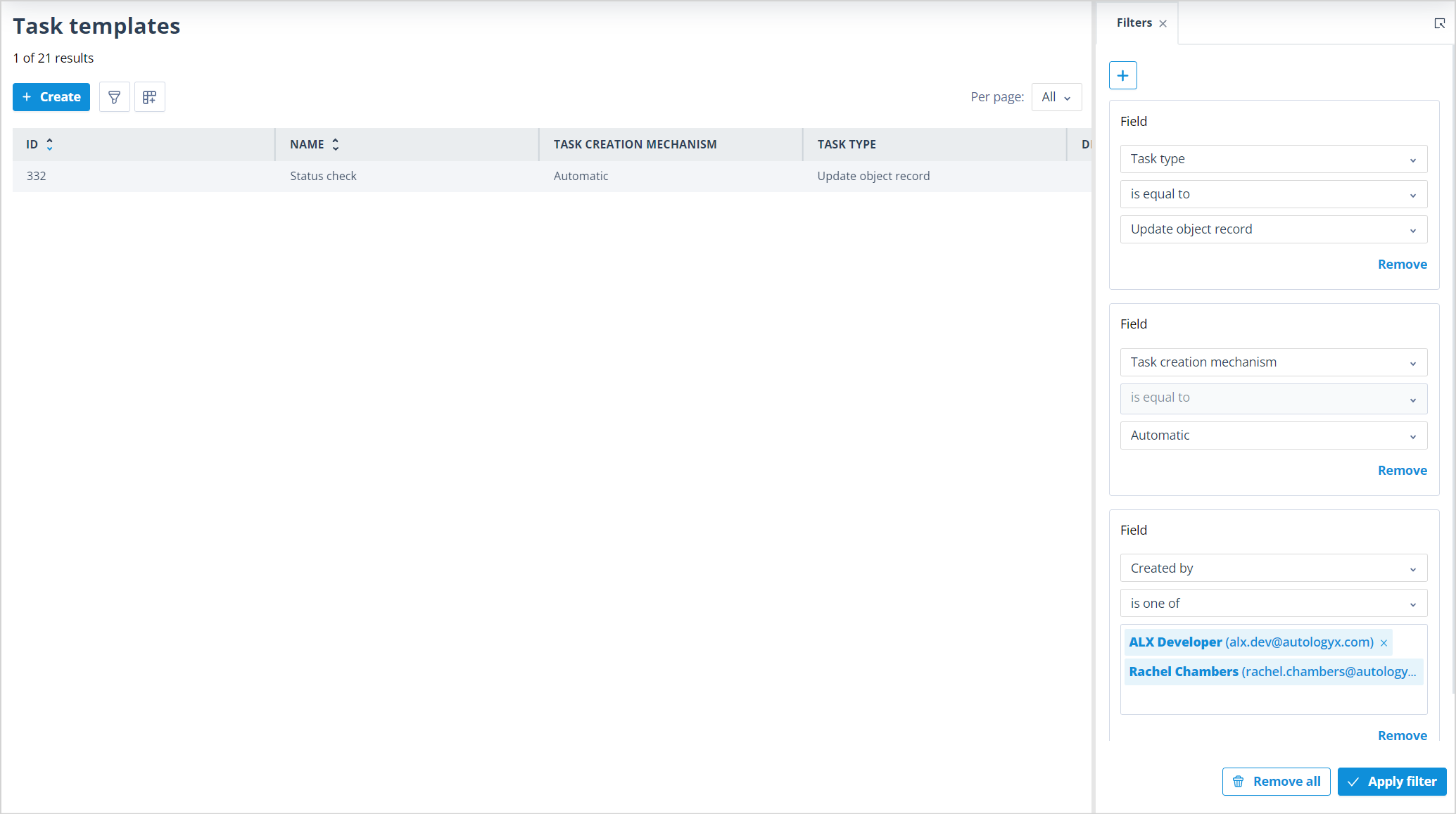 Task templates list filtered to one result