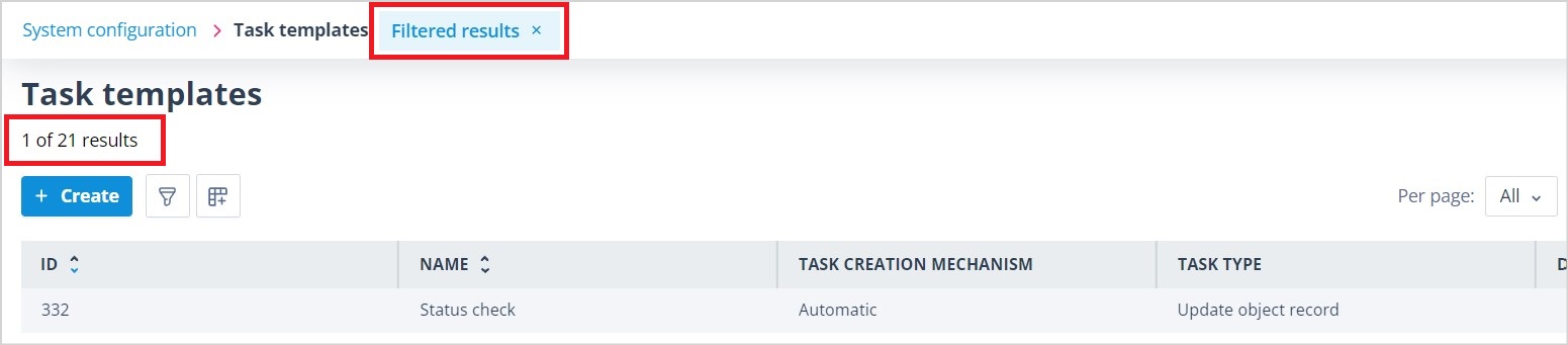 List page showing the Filtered results control