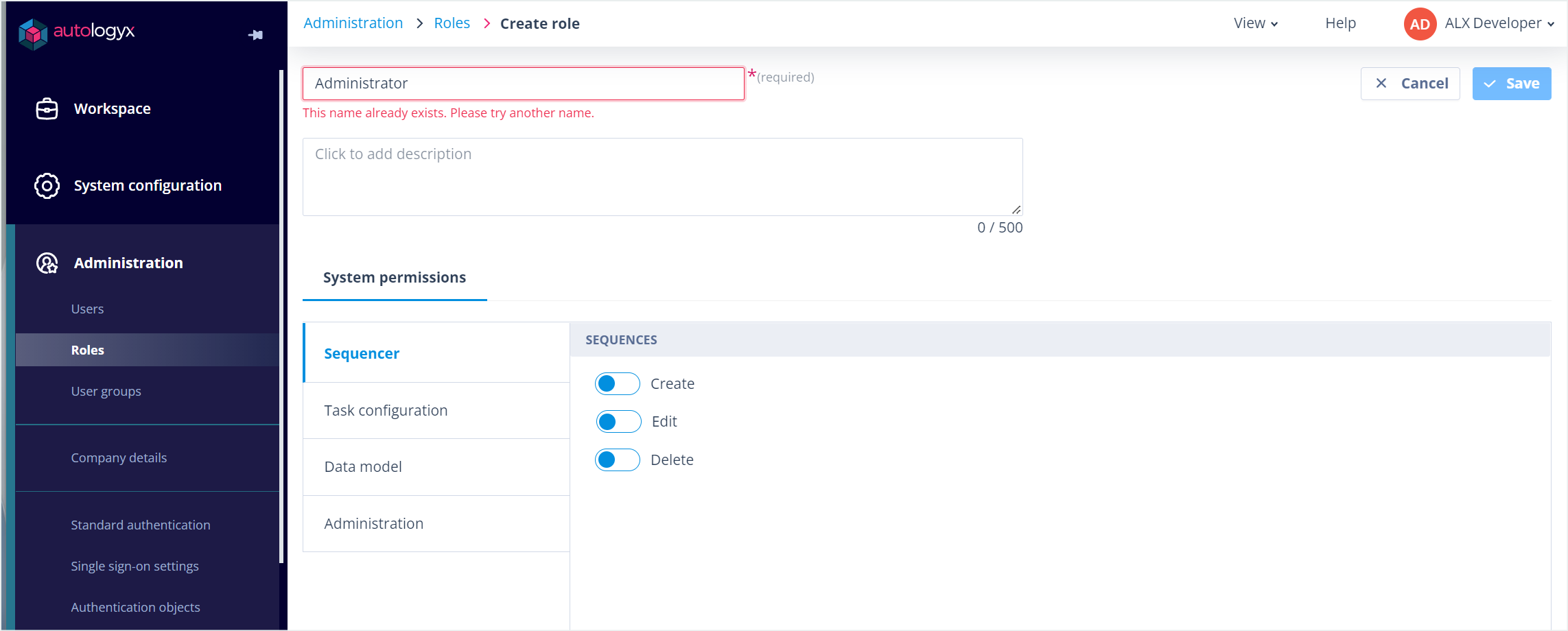 Create role page showing the mandatory Role name field