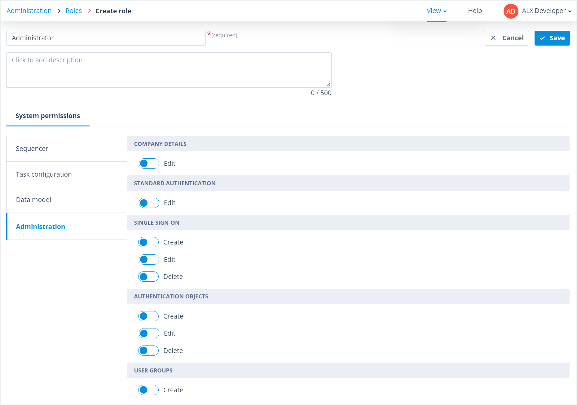 Administration permissions available when creating a role