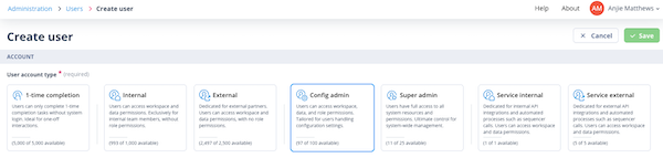 Create user page showing the mandatory User account type field
