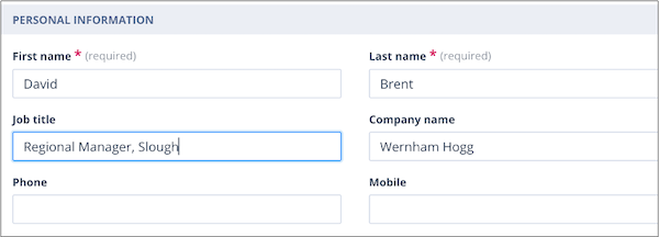 Personal Information section on the Create user page