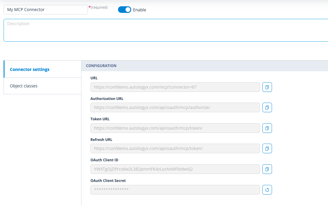 MCP connector created modal showing URL, OAuth Client ID, OAuth Client Secret and copy controls