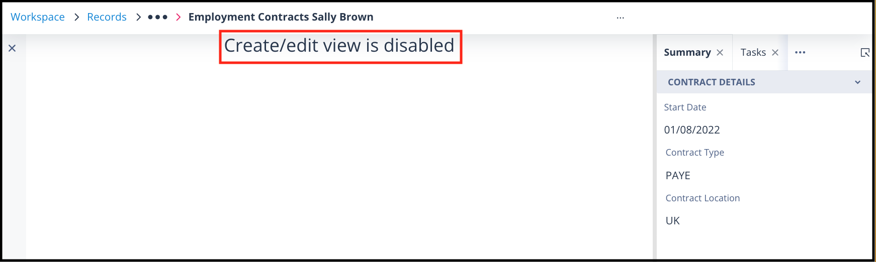 Disabled create/edit view message for a child record