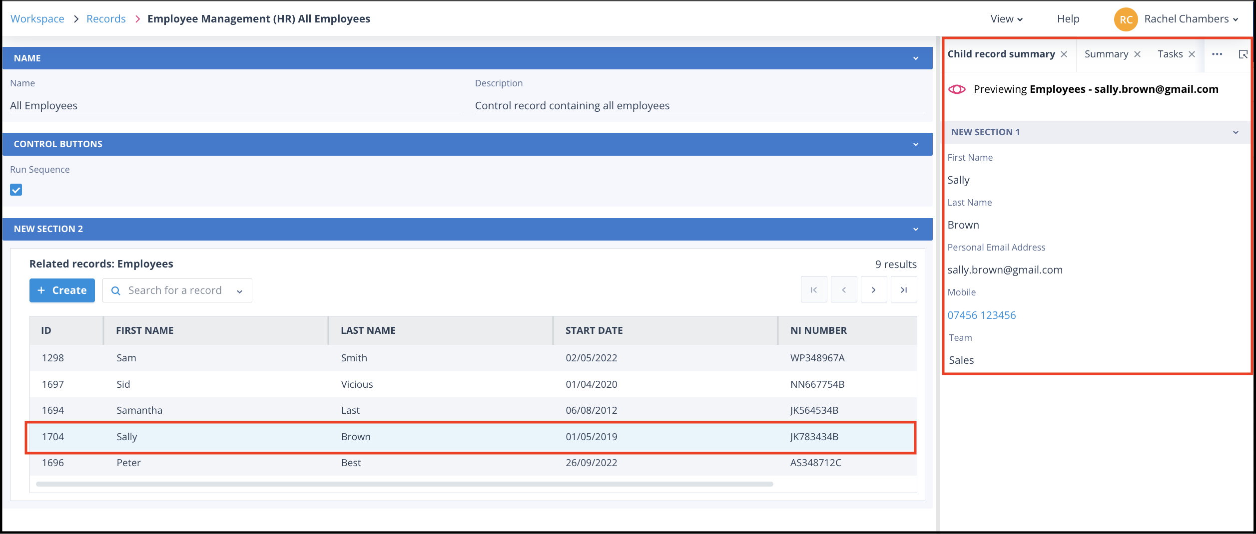 Child record summary shown for Sally Brown while the parent Summary view remains selected