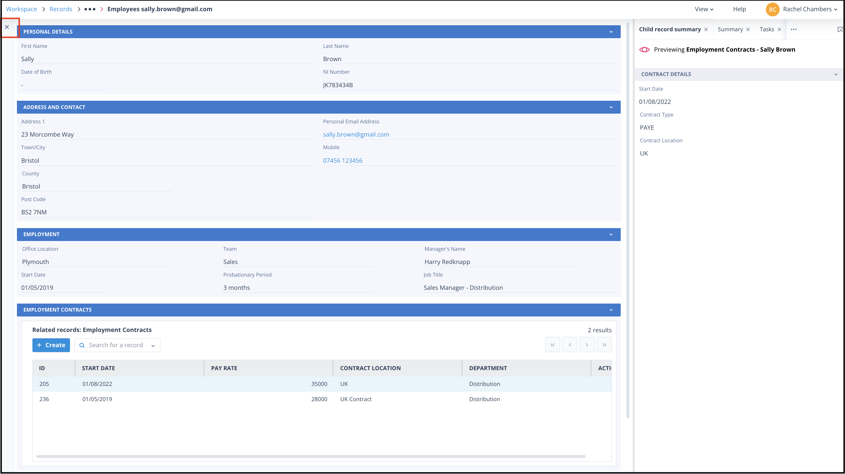 Employee child record opened as a fly-out from the parent record