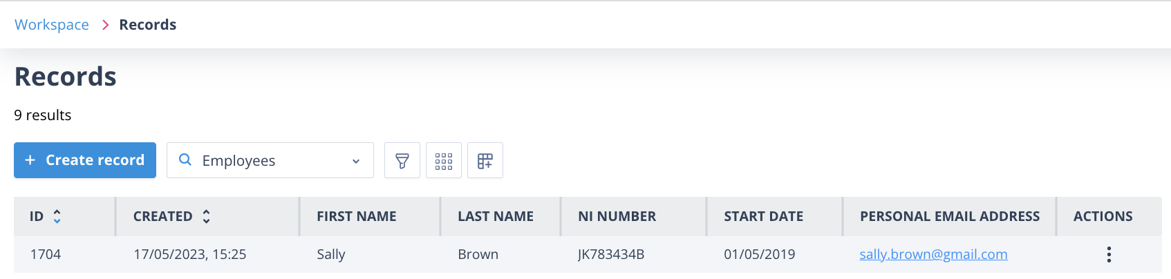 Employees Records list showing Sally Brown