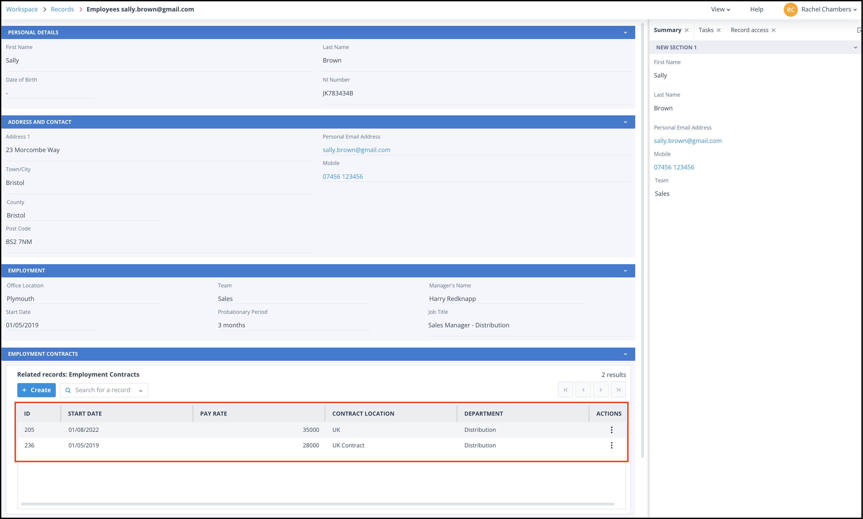 Employee record opened in create/edit view