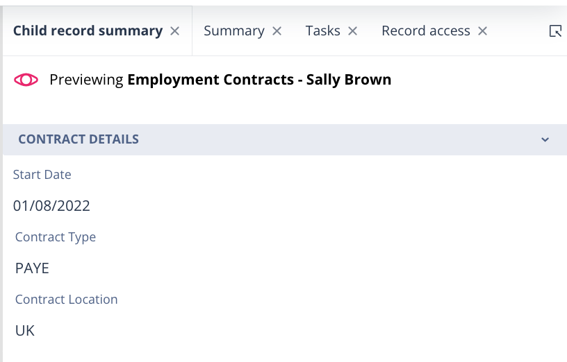 Employment Contract child record selected within the parent record